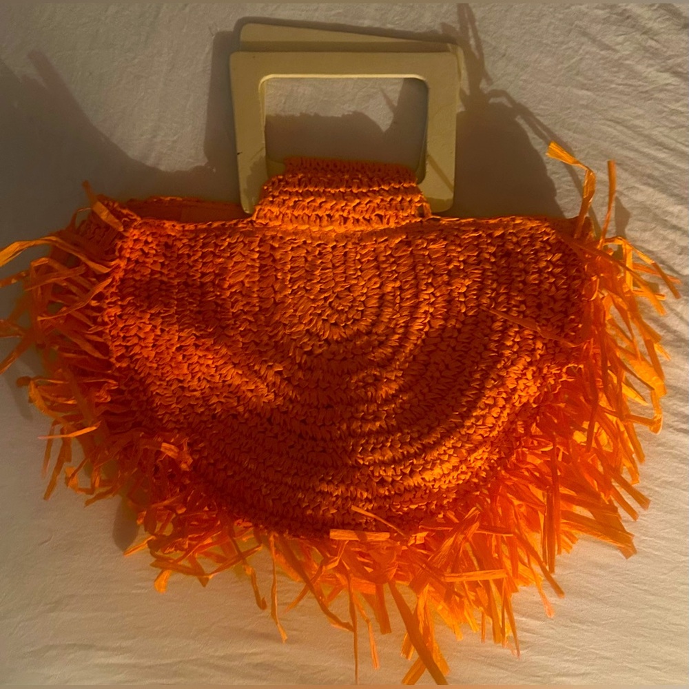 SHEIN Orange Raffia Fringe Clutch with Cream Handle